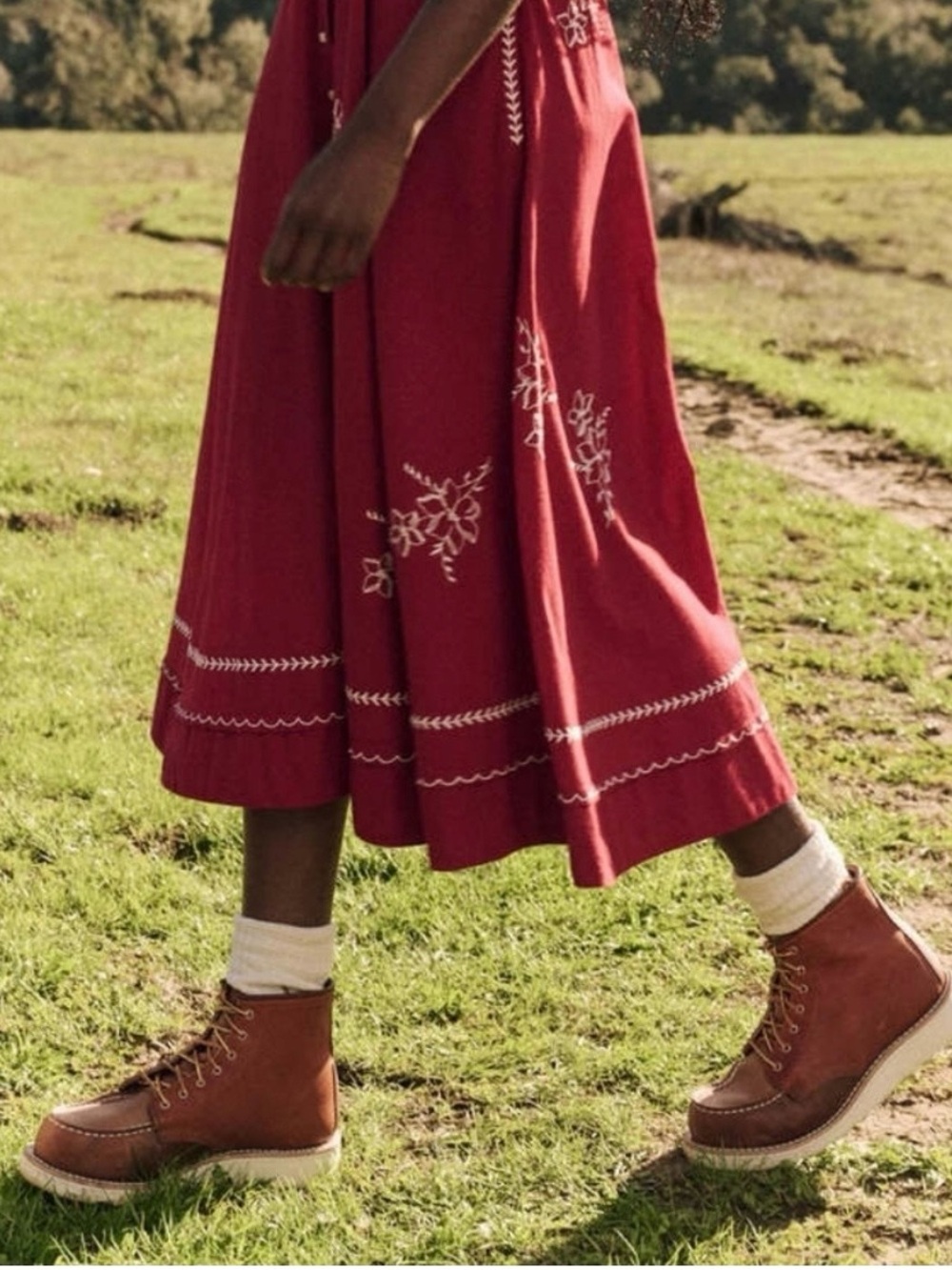 THE GREAT. Embroidered Button-Front Midi Dress in Burgundy - Picture 3 of 5